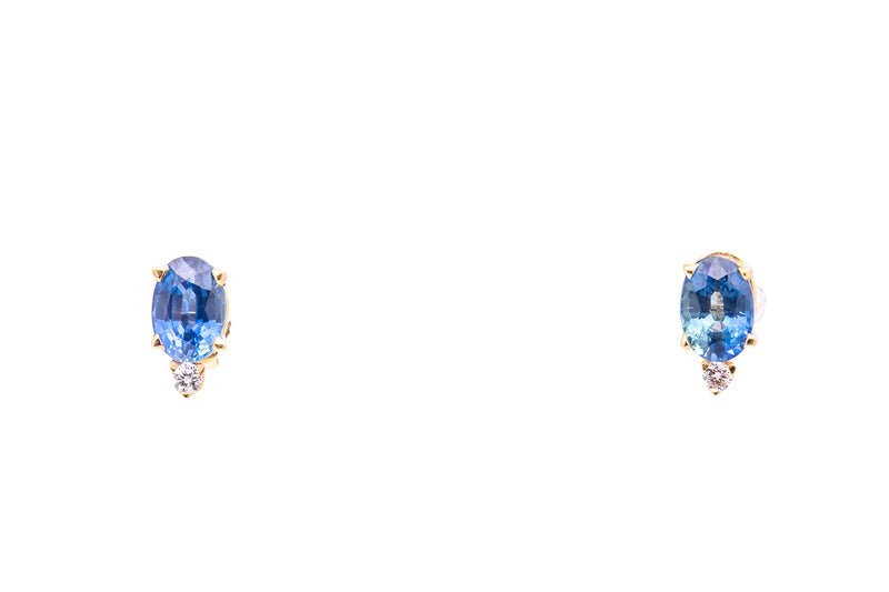 Natural Oval Blue Sapphire Diamond Accent Stud Earrings 14k 585 Yellow Gold