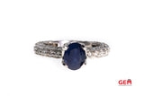 Natural Blue Oval Sapphire & Eternity Diamond Pave 14K 585 White Gold Ring Size 8 1/2