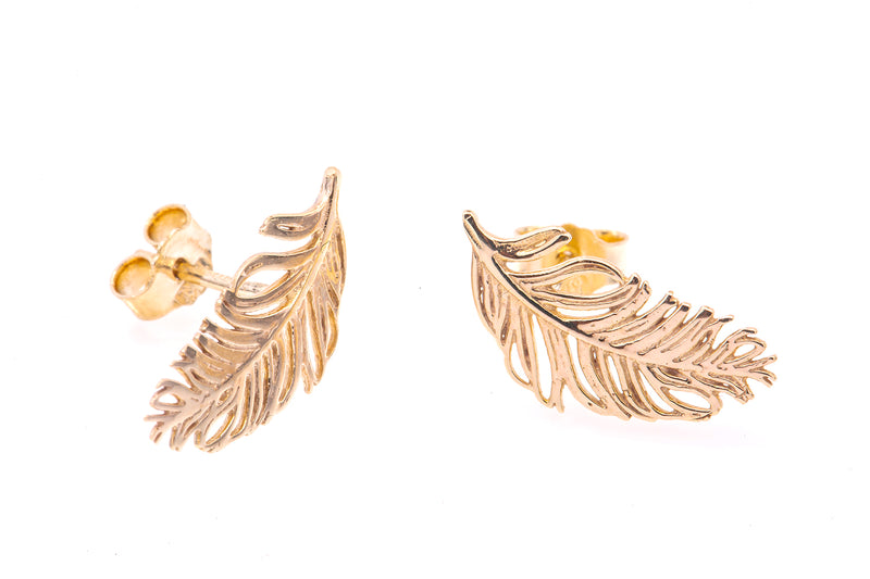 Solid Yellow Gold 14k 585 Feather Stud Earrings