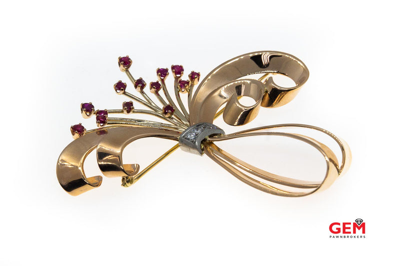 Vintage Art Deco Diamond & 14 KT Ruby Rose Gold Bow Lapel Pin Brooch