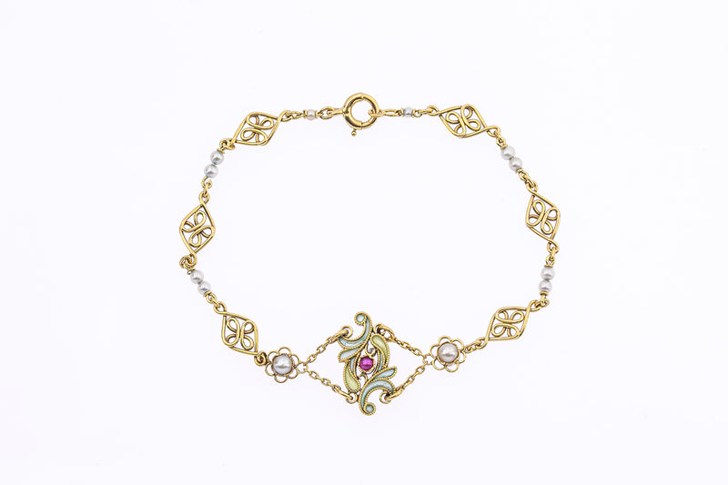 Antique French Pearl & Tourmaline Plque a Jour 18K 750 Yellow Gold Floral Bracelet