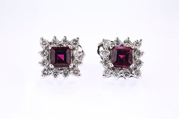 Natural Garnet & Diamond Halo Accent Studs 14K 585 White Gold Pair of Earrings