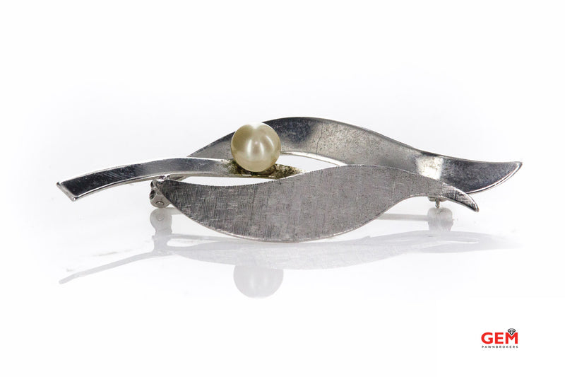 Van Dell Abstract Leaf Freshwater Pearl 925 Sterling Silver Florentine Brooch