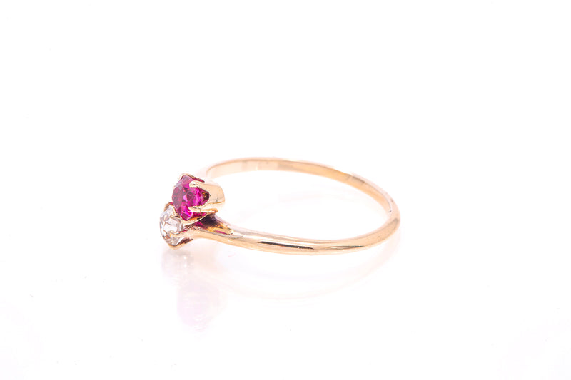 Antique Diamond & Pink Sapphire Bypass Moi Et Toi 14k 585 Yellow Gold Ring Size 5.5