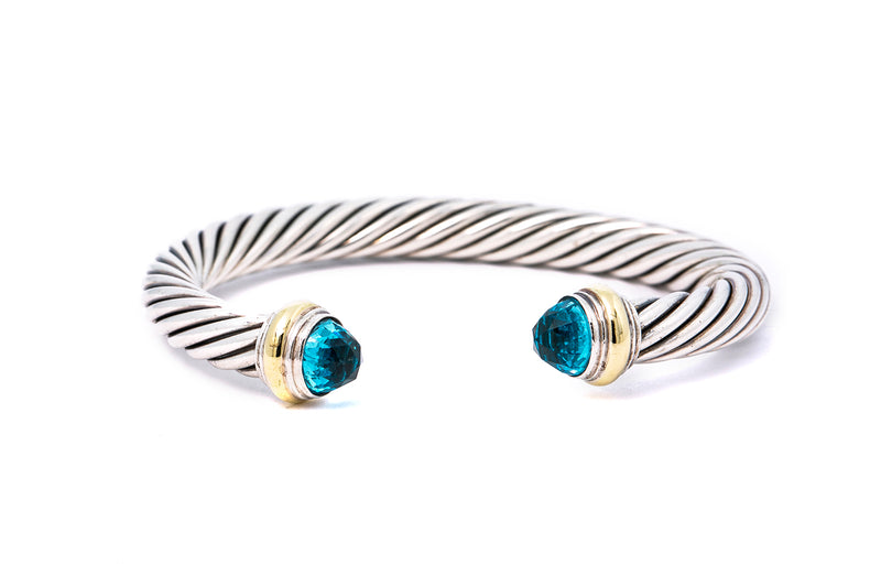 David Yurman 7mm Cable Bracelet Cuff Bangle Blue Topaz 14k 585 Gold Accents
