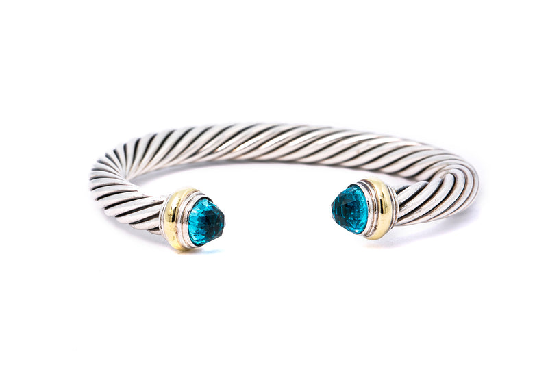 David Yurman 7mm Cable Bracelet Cuff Bangle Blue Topaz 14k 585