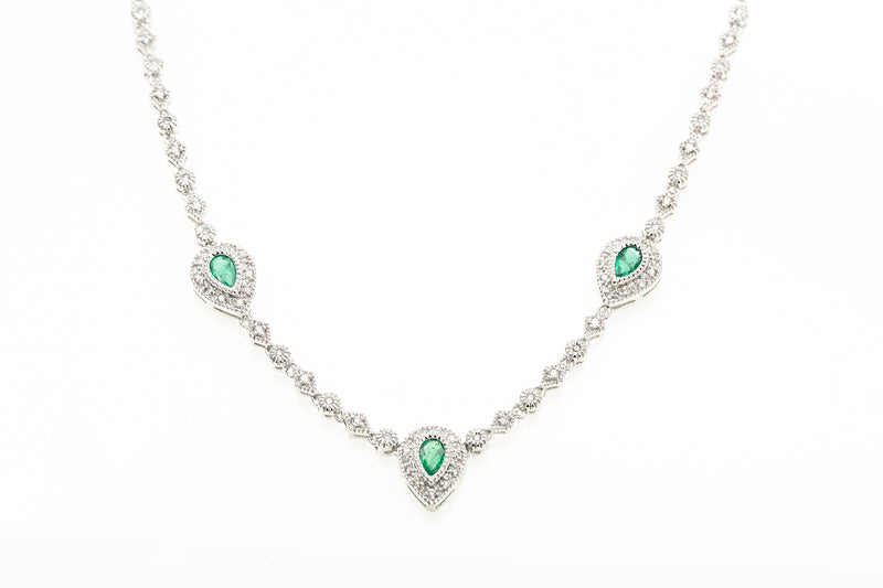 Emerald & Diamond Halo Pendant Teardrop Necklace 14k 585 White Gold