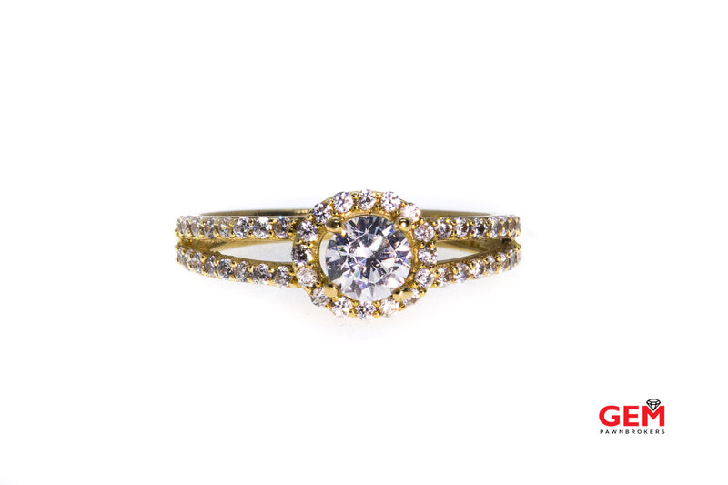 Cubic Zirconia Pave Halo Engagment Wedding 14K 585 Yellow Gold CZ Ring Size 7