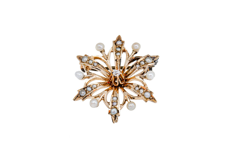 Antique Pearl Sunburst Floral Diamond Brooch 10K 417 Yellow Gold Lapel Pin