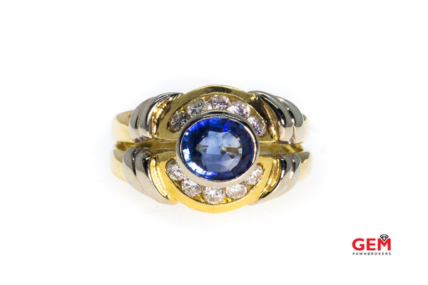 Natural Blue Sapphire & Diamond Halo Accent Pierced Band 18K 750 Yellow & White Gold Ring Size 6 3/4