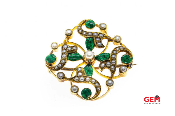 14 KT Yellow Gold Green Enamel Pearl Pin Brooch