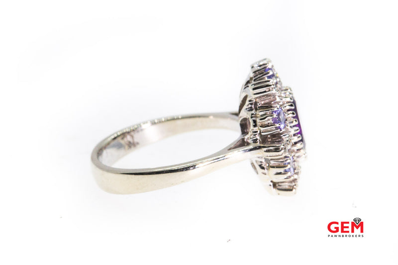 Amethyst & Diamond Cluster 14K 585 White Gold Cocktail Ring Size 6