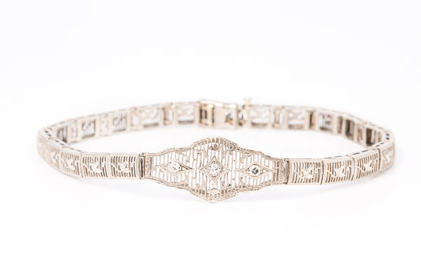 Edwardian White Gold 14k 585 Diamond Pierced Floral Motif Bracelet 7"