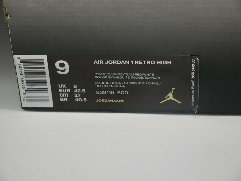 Nike Air Jordan 1 Retro High Gym Red Elephant Print Men US Size 9 839115 600