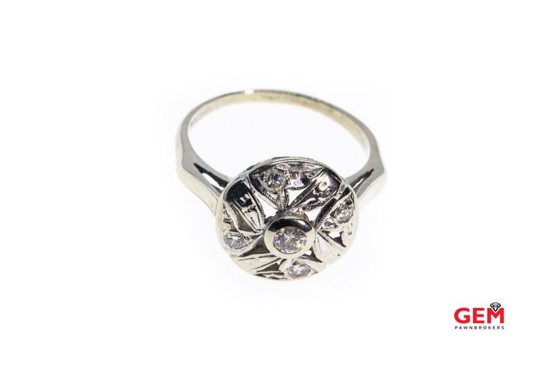 Antique Pierced Floral Diamond Cluster 14K 585 White Gold Ring Sz 7 1/2