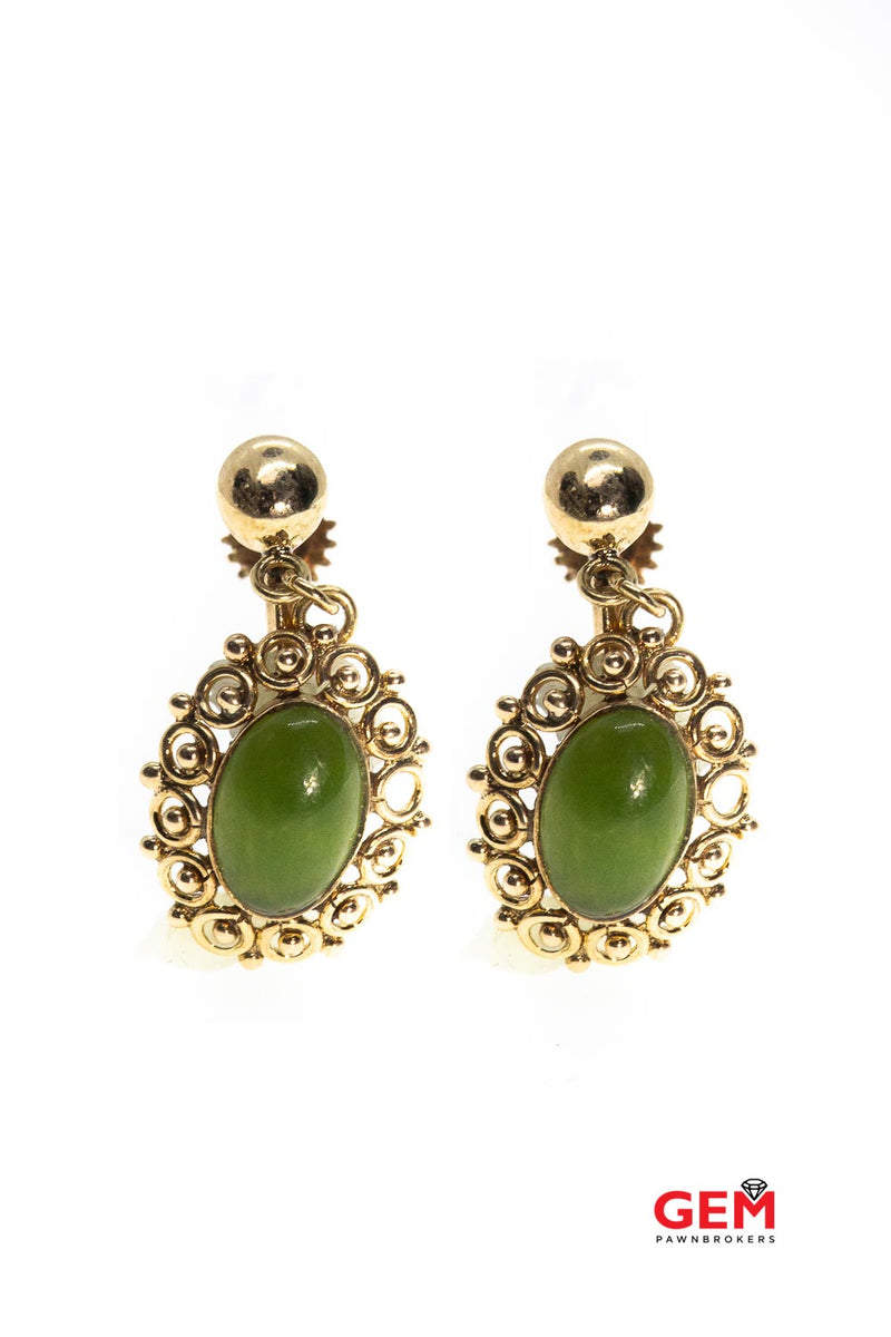 Antique Oval Nephrite Drop Dangle 14K 585 Yellow Gold Earrings