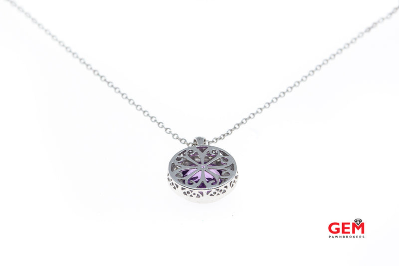 JLJ Natural Round Amethyst Gemstone Diamond Pave Halo Charm 1.5mm Chain Link 14K 585 White Gold 17" Necklace & Pendant