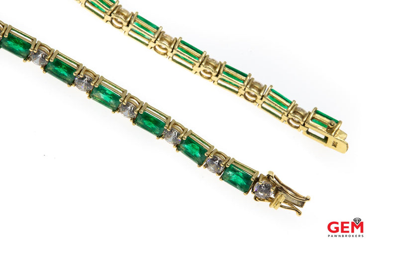 Cubic Zirconia & Emerald Cut Green Stone Tennis Bracelet 14k 585 Yellow Gold