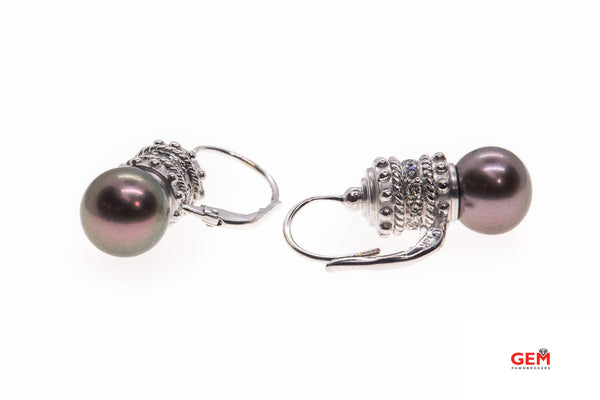 Natural Tahitian Pearl Drop Diamond Bead 14K 585 White Gold Pair Earrings