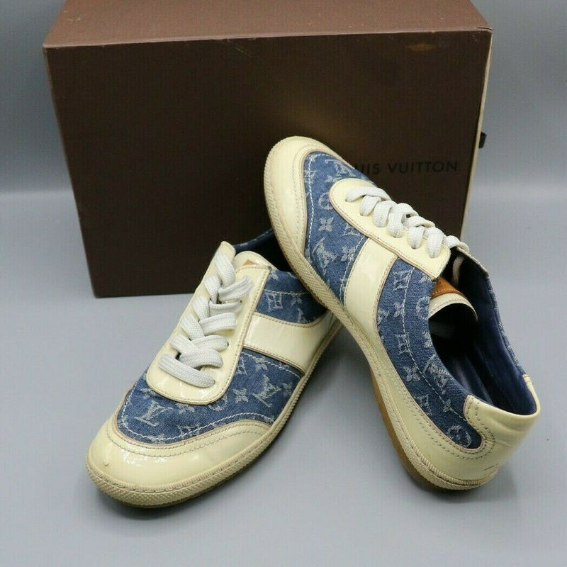 Louis Vuitton Monogram Blue Denim Cream Patent Shoes Sneakers Womens 37.5/7