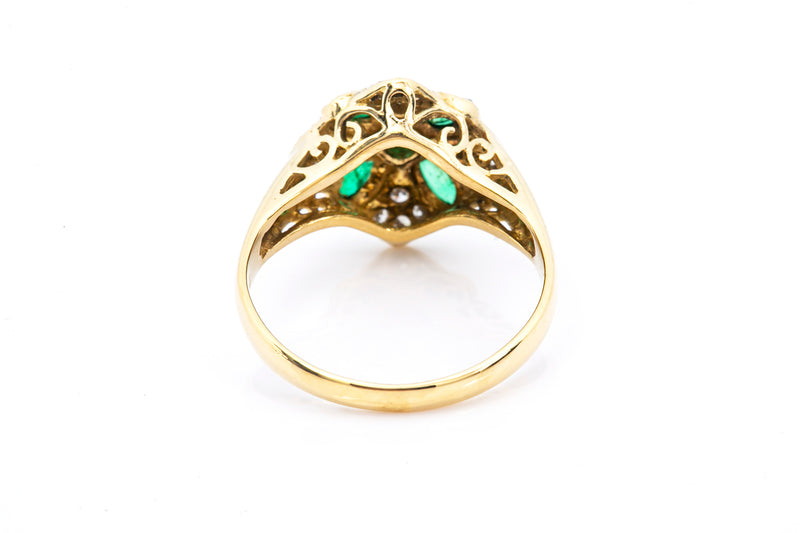 Marquise Emerald & Diamond Cocktail Cluster 18k 750 Yellow Gold Ring