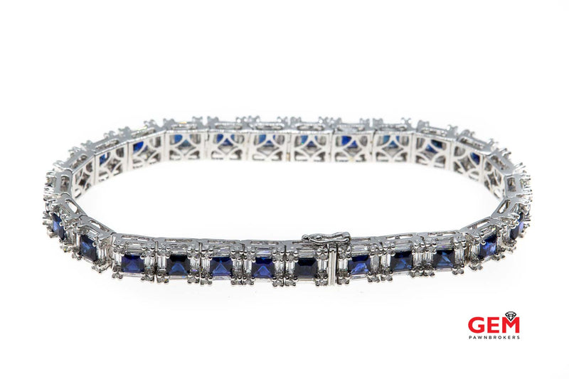 Diamond & Princess Sapphire Tennis Cocktail Cluster 18K 750 White Gold Bracelet