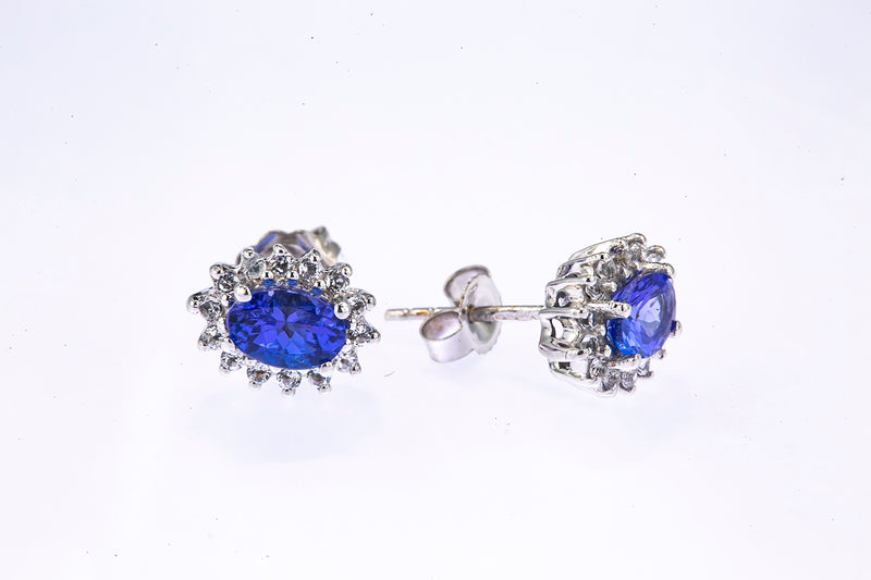 BJB Natural Iolite & Cubic Zirconia Halo Accent Studs 18K 750 White Gold Pair Earrings