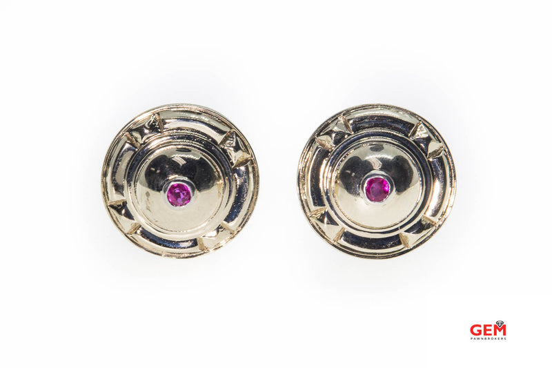 Retro Natural Pink Sapphire Shield Dome Studs 18K 750 White Gold Pair Clip Earrings