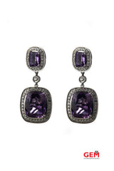 NK Natural Amethyst & Diamond Halo Milgrain Accent Drop 14K 585 White Gold Dangle Earrings