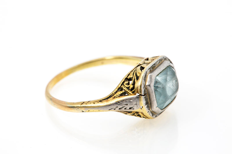 Antique Aquamarine Bezel Set Cocktail 14k 585 Two Tone Ring Size 6 WORN