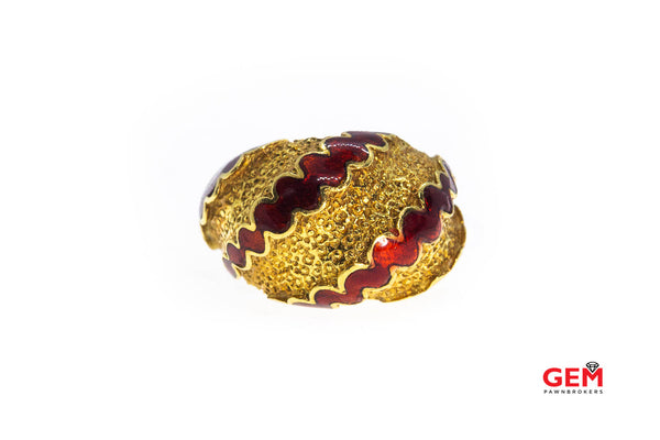Italy Domed Red Enamel Wave Band 18K 750 Yellow Gold Ring Size 4 1/2