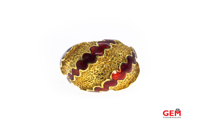 Italy Domed Red Enamel Wave Band 18K 750 Yellow Gold Ring Size 4 1/2