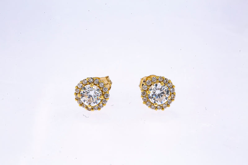 JTS Cubic Zirconia Pave Halo Accent Studs 14K 585 Yellow Gold Pair of Earrings