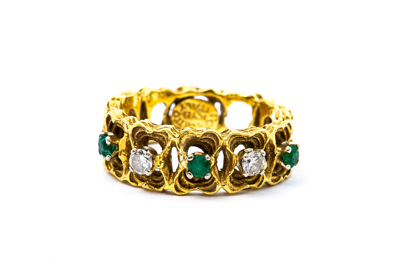 Vintage Corletto Diamond & Emerald 18k 750 Yellow Gold Ring Band Size 5
