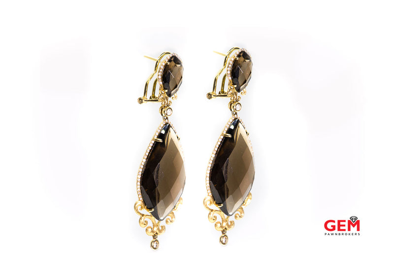 Designer C&S Contemporary Diamond & Smoky Quartz Dangling Earrings 14k 585 Yellow Gold