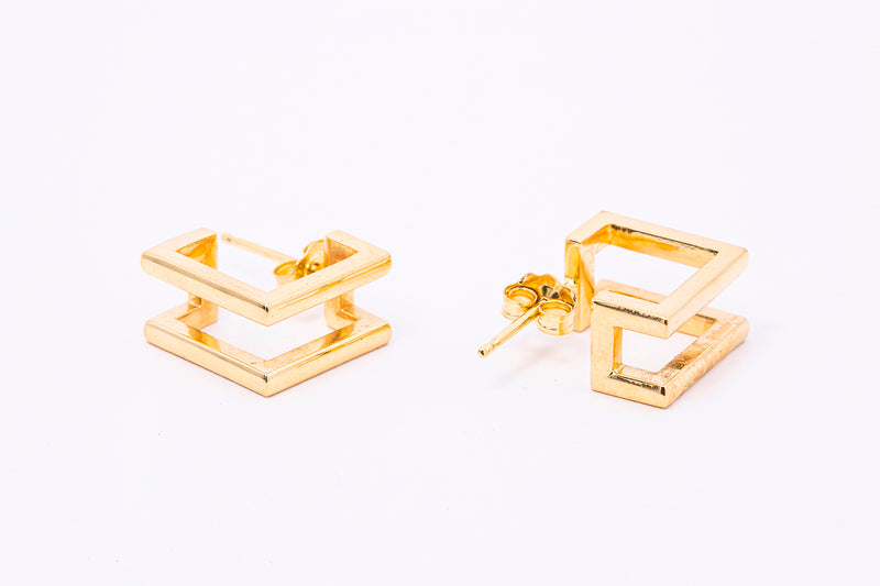 Geometric Square Line 3D Huggies Solid 14K 585 Yellow Gold Pair of Hoop Earrings