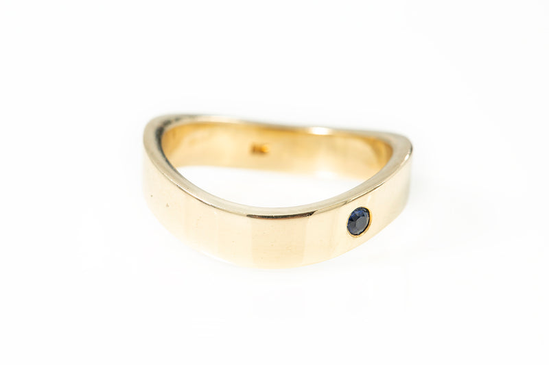 Solitaire Blue Sapphire 14k 585 Yellow Gold Wave Style Wedding Band Ring Size 9