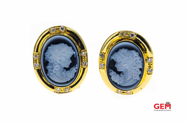 Blue Agate Cameo 18k Yellow 750 Gold Diamond Earring Pair