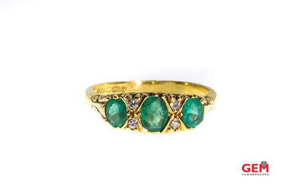 Vintage Birmingham Steele & Dolphin Natural Emerald & Diamond filigree Accent 18K 750 Yellow Gold Ring Size 7