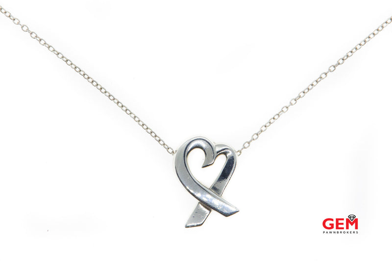 Tiffany & Co Paloma Picasso Heart Ribbon Pendant 925 Sterling Silver Necklace 17"