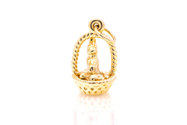 Vintage Yellow Gold Easter Bunny On Basket Egg Rabbit Animal Holiday 14k 585 Yellow Gold Charm Pendant