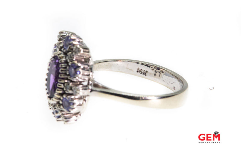 Amethyst & Diamond Cluster 14K 585 White Gold Cocktail Ring Size 6