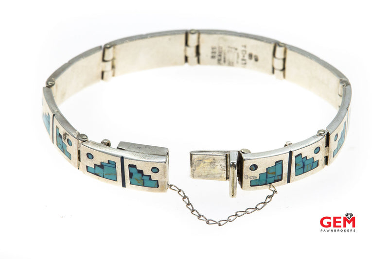 Vintage Taxco Tono Link Turquoise Inlay Solid 925 Sterling Silver Bracelet
