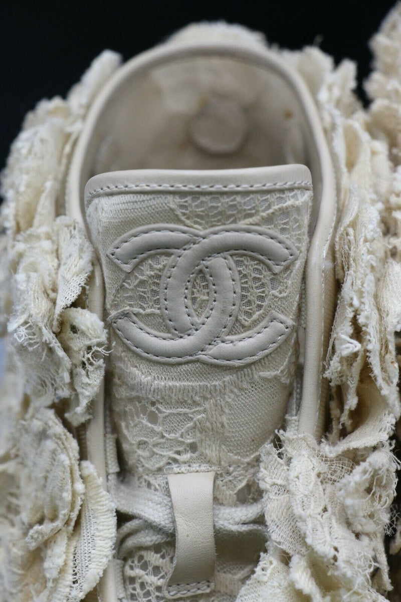 Chanel Camellia Flower Mesh Lace Beige Clair Hi Top Sneakers Size