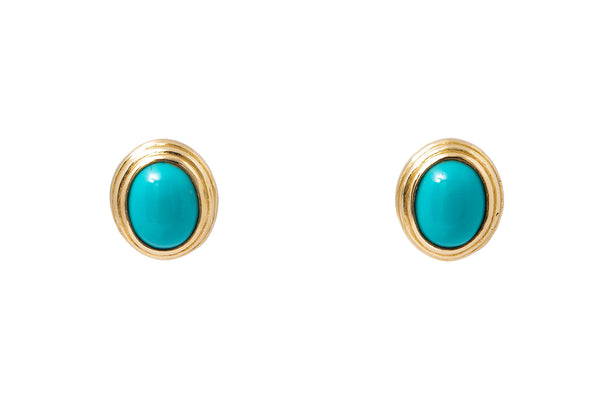 Natural Turquoise Cabochon Stud 14k 585 Yellow Gold Earrings