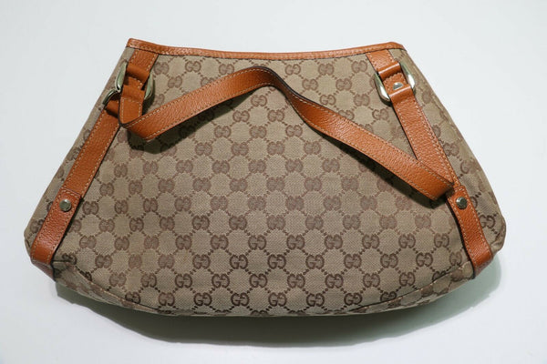 Gucci: Brown Tan GG Canvas Saddle Brown Leather Abbey Beige Hobo Bag