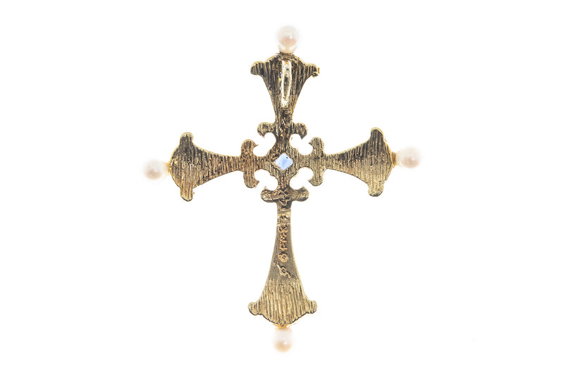 Enameled Pearl Diamond Sapphire Trilobed Cross Charm 14K 585 Yellow Gold Pendant