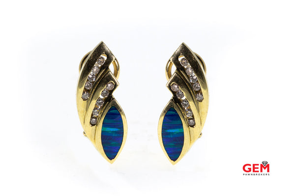 Diamond Opal Marquie Inlay Wave Earrings 14k 585 Yellow Gold