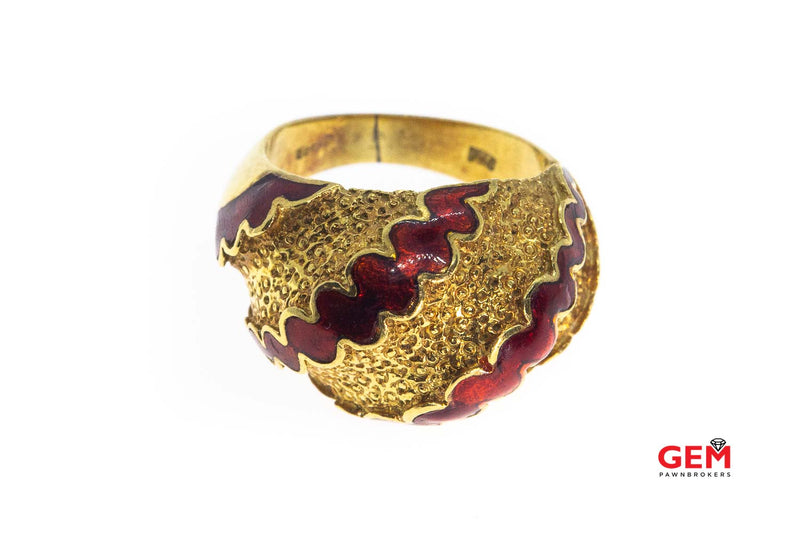 Italy Domed Red Enamel Wave Band 18K 750 Yellow Gold Ring Size 4 1/2