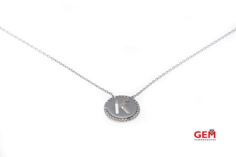 Initial Letter K Cubic Zirconia Halo Pendant 925 Sterling Silver 17.5" Necklace